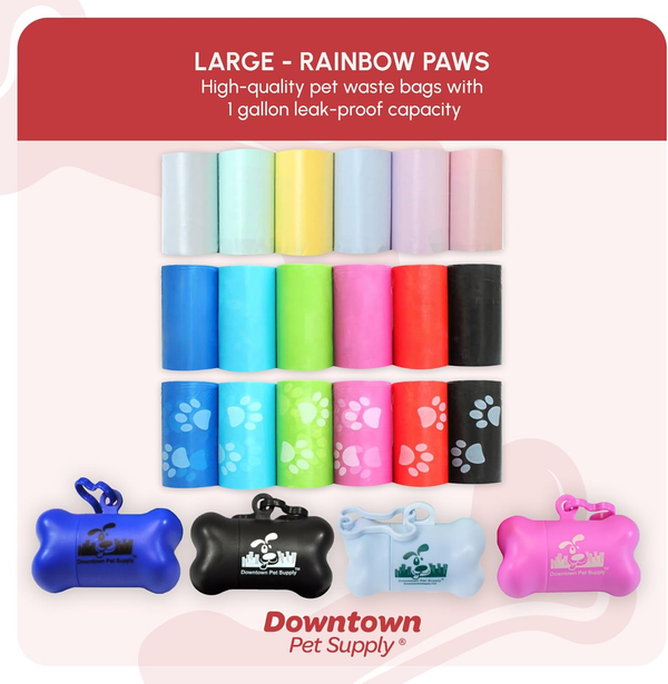 Poop Bags for Dogs with Dispenser, 180 Count - Leak-Proof Dog Waste Bags and Bone-Shaped Dog Poop Bags Holder for Leash - Rainbow with Paw Prints, 12.5