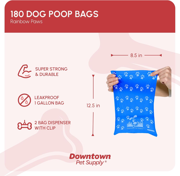 Poop Bags for Dogs with Dispenser, 180 Count - Leak-Proof Dog Waste Bags and Bone-Shaped Dog Poop Bags Holder for Leash - Rainbow with Paw Prints, 12.5